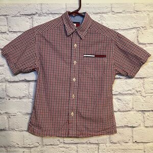 Tommy Hilfiger boys button down short sleeve shirt red and blue plaid size 7